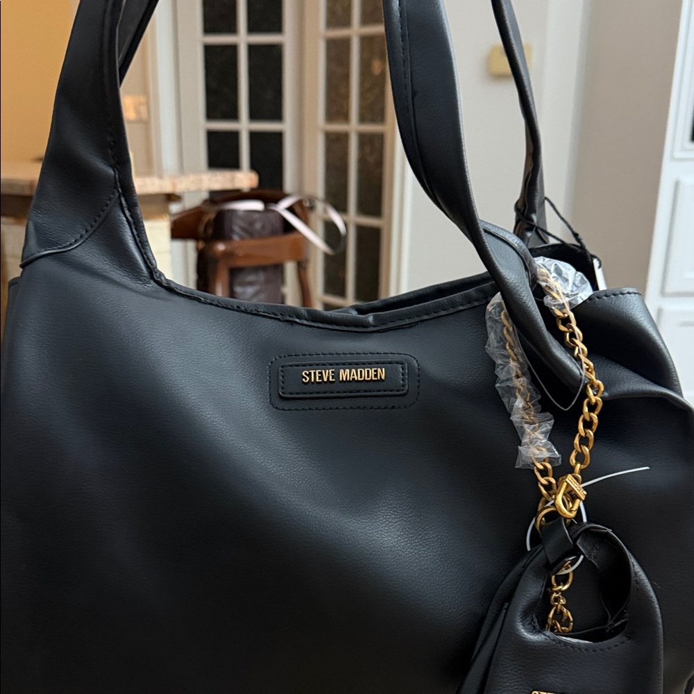 Steve Madden Black Shoulder Bag with Gold Accents